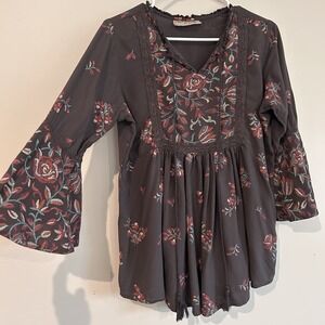 Utsa Boho Floral Blouse Sz M  Bell Sleeves Flowy Peasant Colorful Tassels